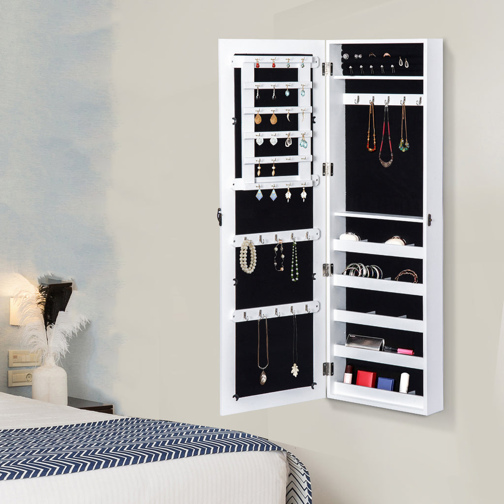 Espelho com Móvel de Bijuterias de Parede Espelho de Parede Organizador de Jóias com Ganchos e Ranhuras para Dormitórios 37x9,5x112cm Branco — foto 7