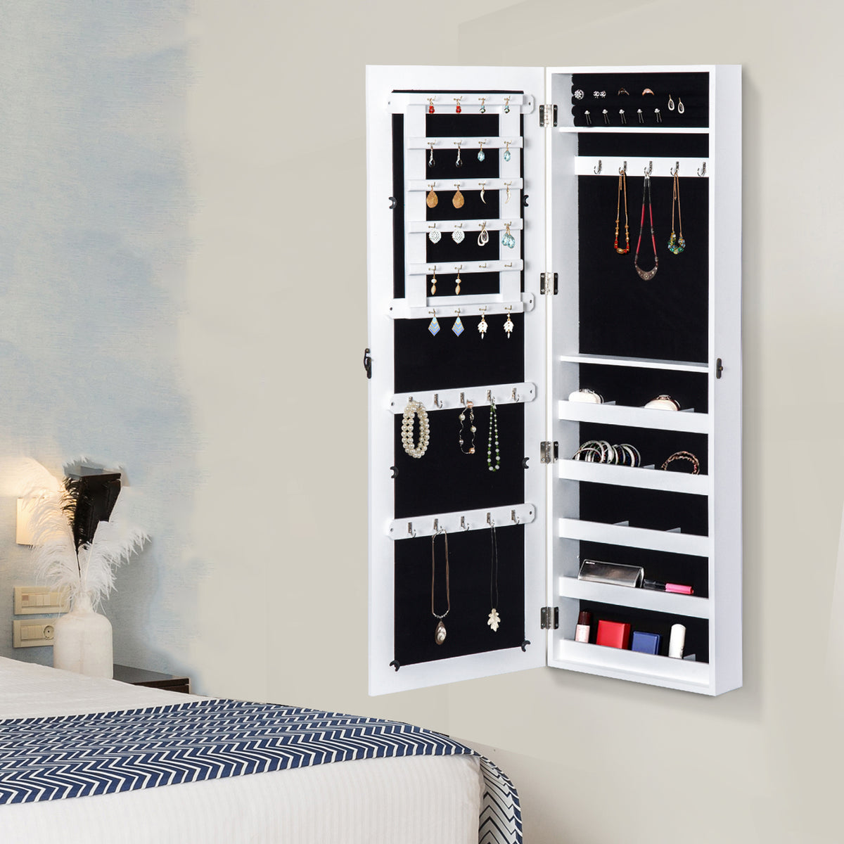 Espelho com Móvel de Bijuterias de Parede Espelho de Parede Organizador de Jóias com Ganchos e Ranhuras para Dormitórios 37x9,5x112cm Branco — foto 7