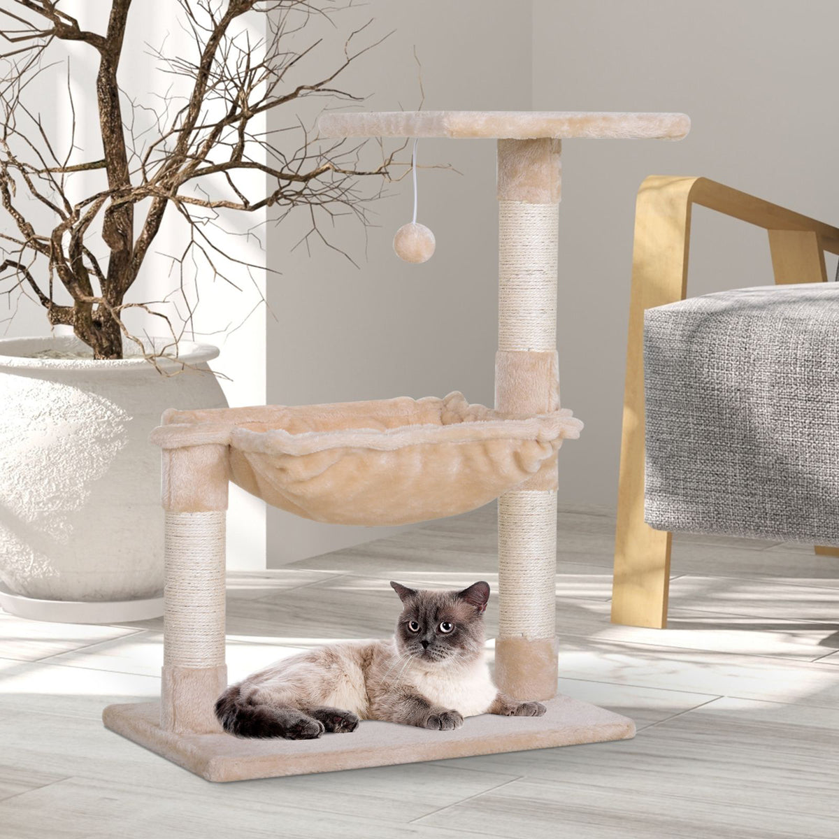 Árvore Arranhador para Gatos Torre para Gatos 50x36x70 cm Centro de Atividades com Rede Plataforma Poste de Sisal e Bola Suspensa Bege — foto 2