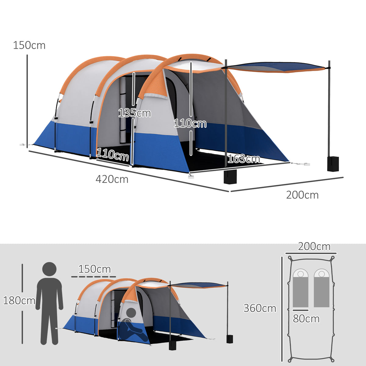 Tenda de Campismo Familiar para 3 Pessoas Tenda de Camping Dobrável Leve com 2 Compartimentos Bolsa de Transporte Impermeável 2000 mm para Praia e Caminhadas 420x200x150 cm Azul e Laranja — foto 3