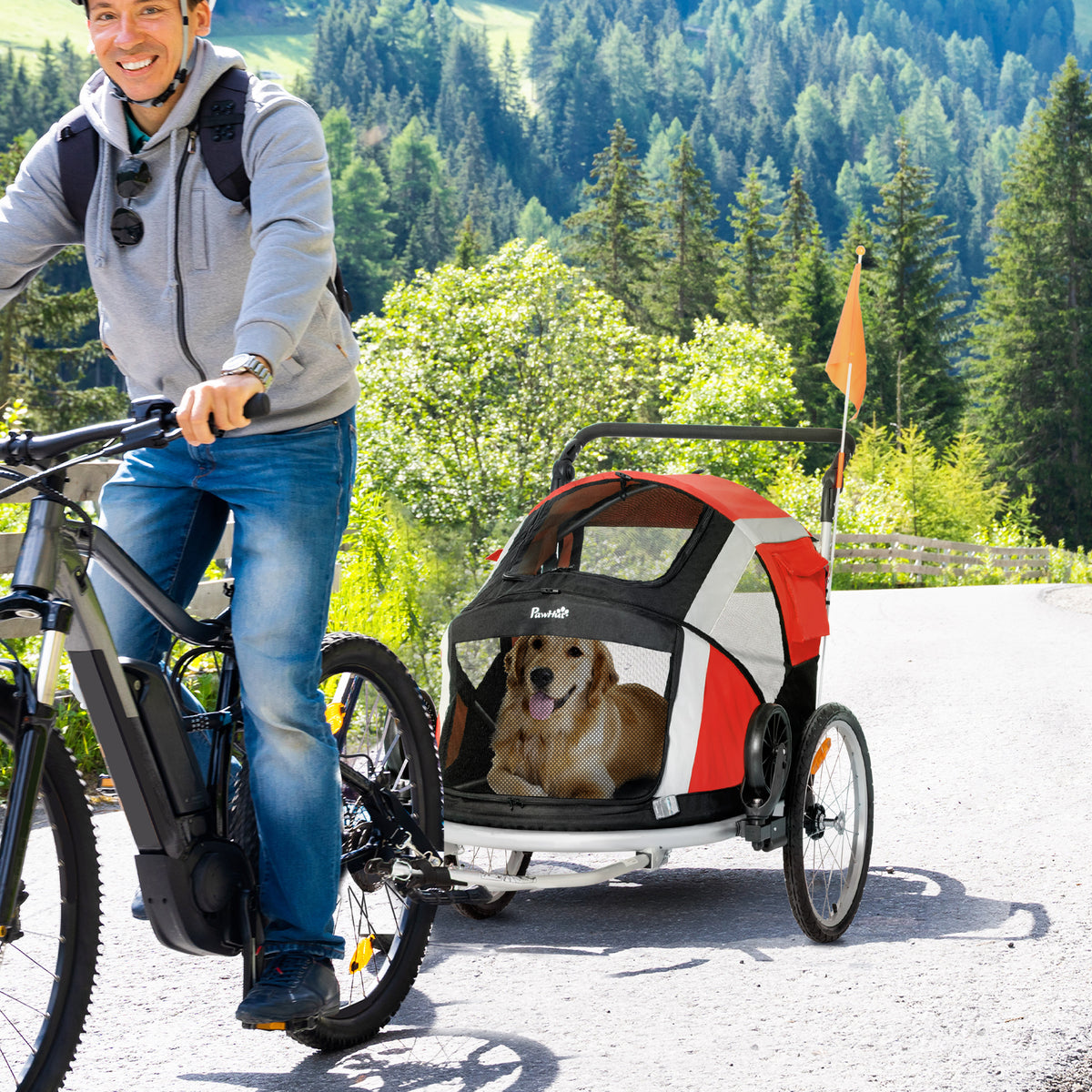 Reboque de Bicicleta para Cães Dobrável 2 em 1 Carrinho para Cães de Alumínio com Guiador Ajustável Bandeira e 6 Refletores Carga Máxima 40kg 150x82x98cm Vermelho — foto 2