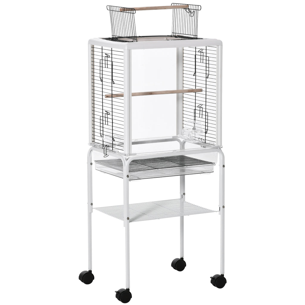Gaiola para Passáros com Suporte Desmontável Gaiola com 4 Rodas Teto com Abertura 2 Comedouros 2 Poleiros Bandeja Removível 47x35x106,5cm Branco — foto 1