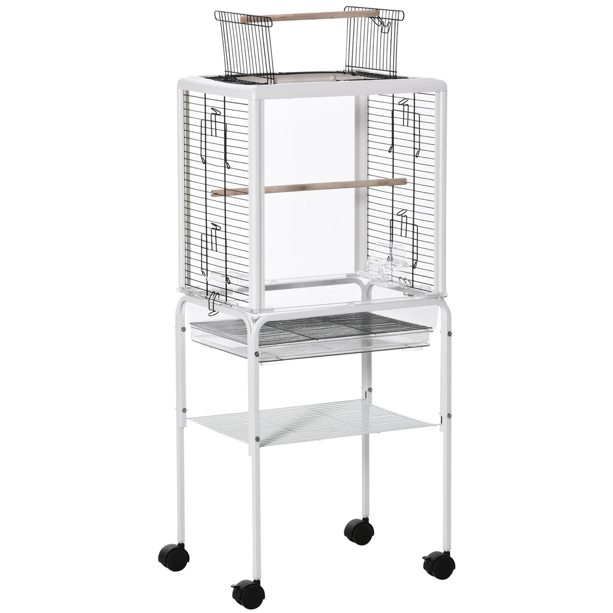 Gaiola para Passáros com Suporte Desmontável Gaiola com 4 Rodas Teto com Abertura 2 Comedouros 2 Poleiros Bandeja Removível 47x35x106,5cm Branco — foto 1