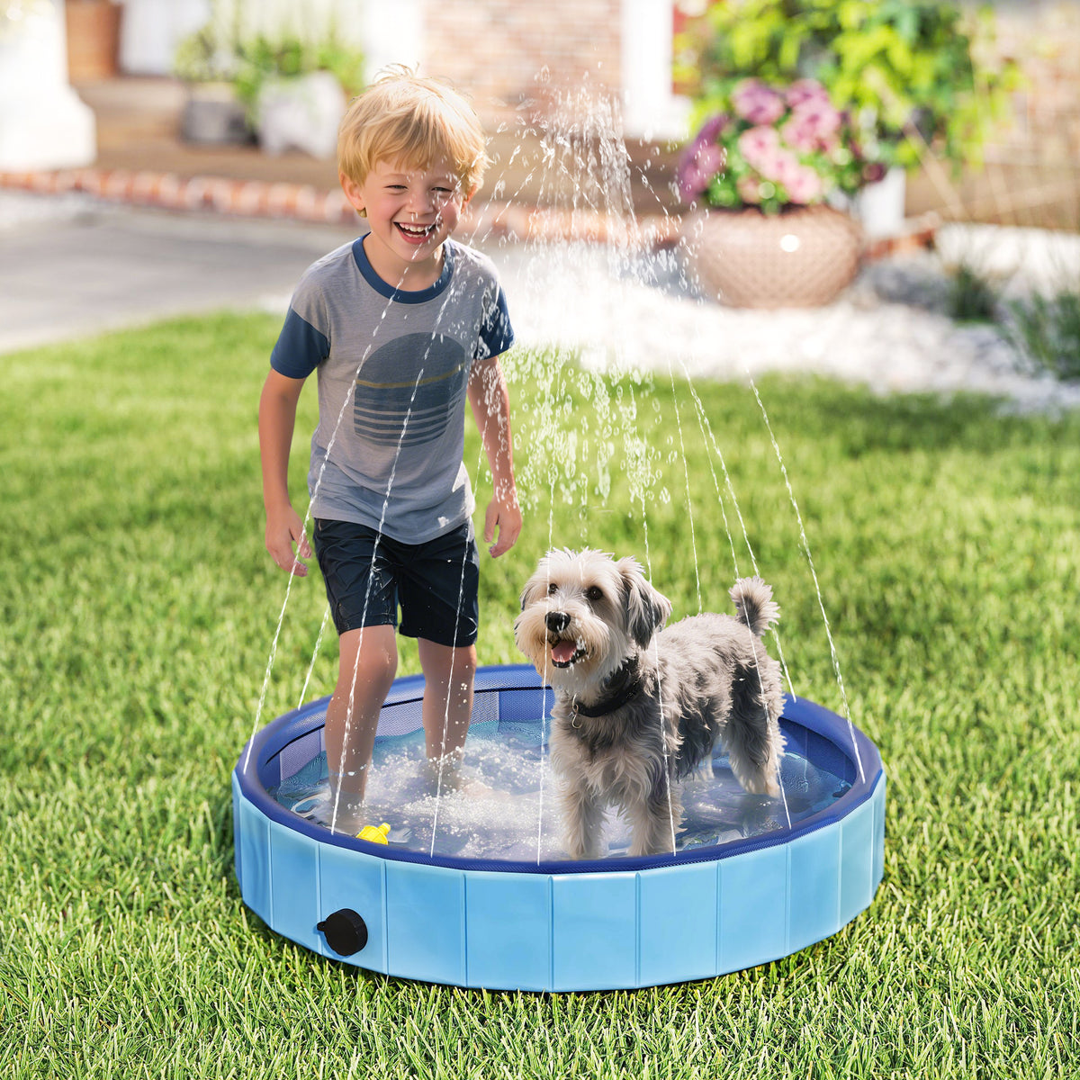 Piscina para Cães Dobrável com Aspersor Piscina Portátil para Animais de Estimação Pequenos em PVC Antiderrapante e Resistente ao Desgaste para Interiores e Exteriores Ø80x20 cm Azul Claro — foto 2