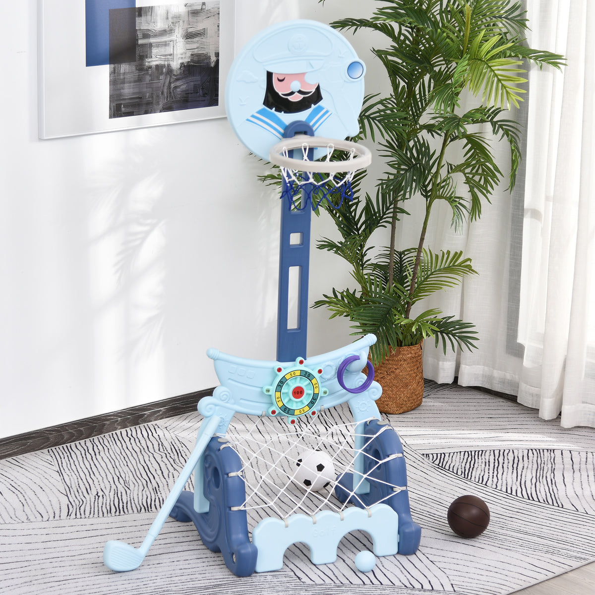 Tabela de Basquetebol 4 em 1 com Altura Ajustável para Crianças acima de 3 Anos Centro de Atividades Jogo de Golf Bola de Futebol 58x56x154cm Azul — foto 2