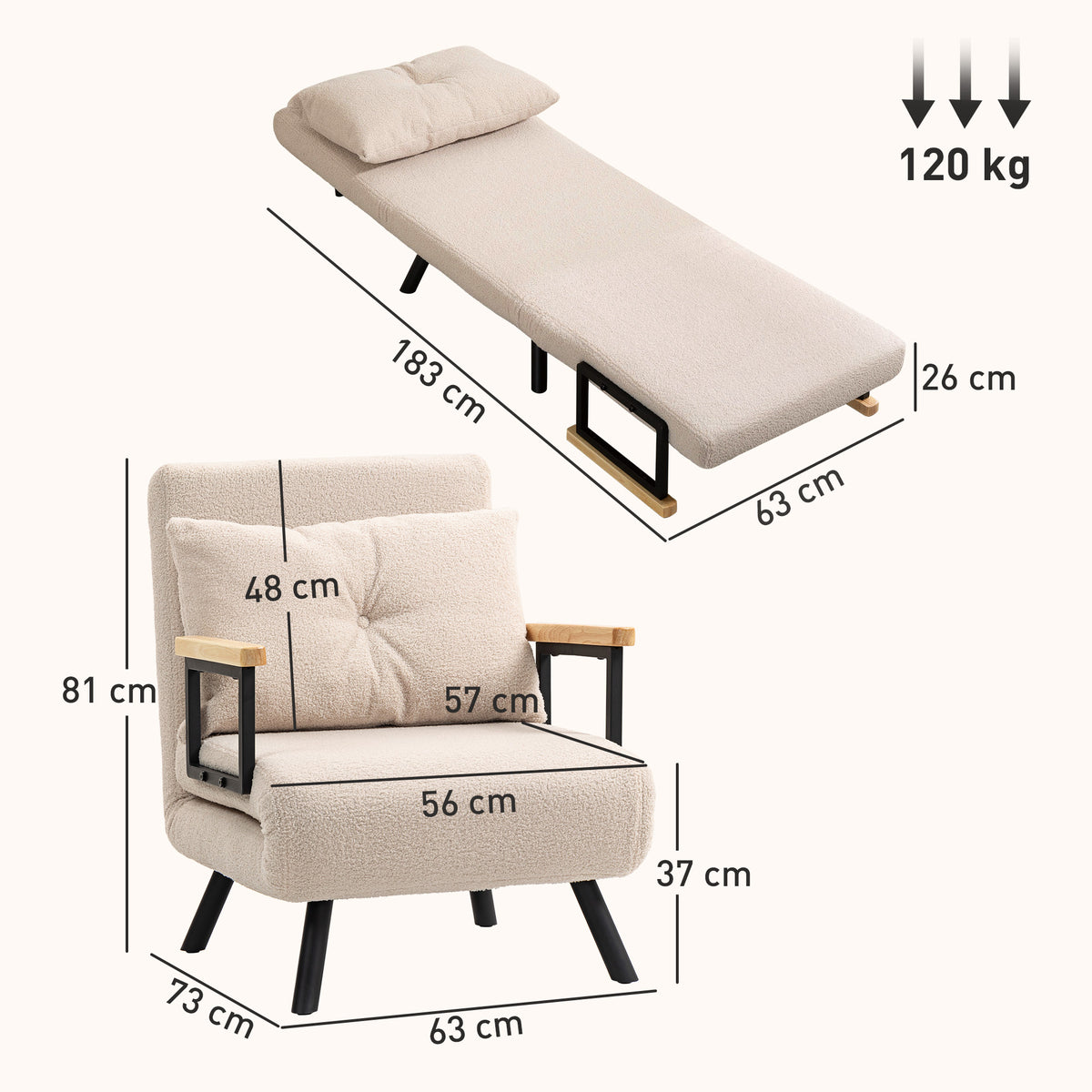 Poltrona Convertível em Cama Dobrável Poltrona 3 em 1 Convertível em Cama com Encosto Ajustável em 5 Níveis e Almofada Acolchoada para Escritório Sala de Estar Carga 120 kg 63x73x81 cm Bege - Modelo 1 — foto 3
