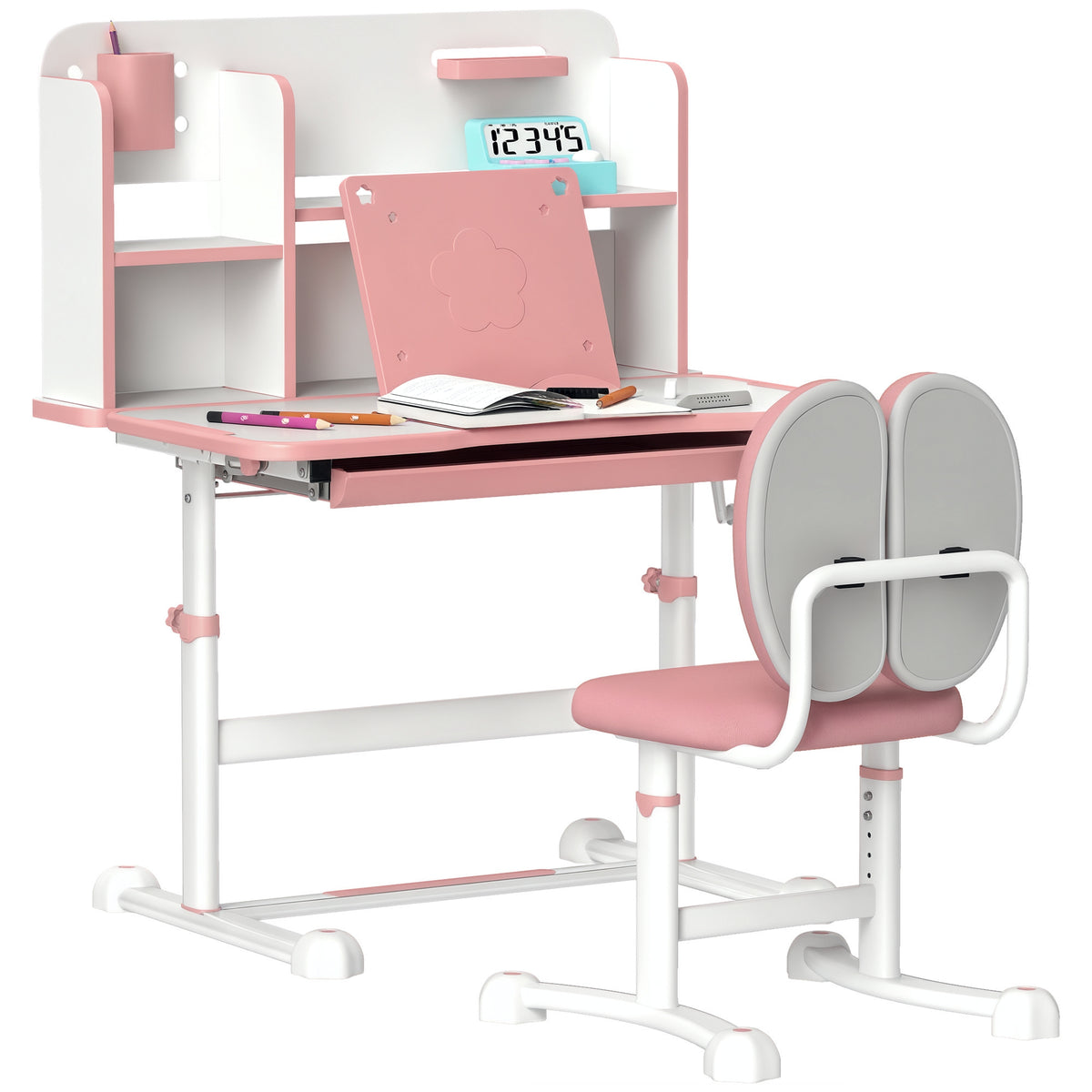 Conjunto de Secretária e Cadeira para Crianças acima de 3 Anos Secretária Infantil Altura Ajustável com Tampo Inclinável Gaveta e Prateleiras Encosto Acolchoado, para Livros 80x55x107,5 cm Rosa — foto 1
