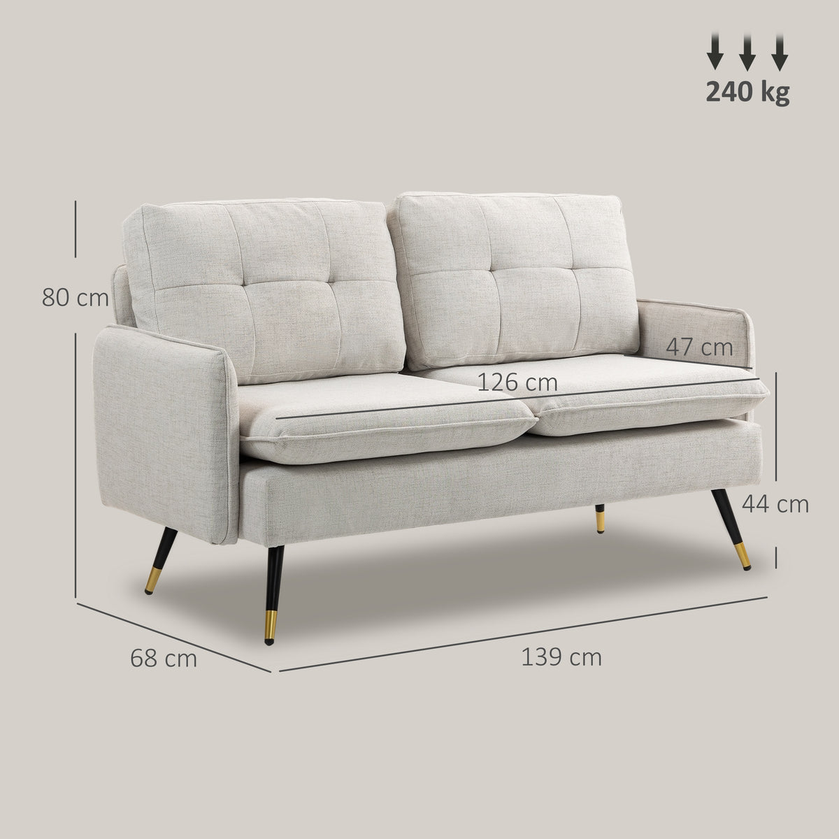 Sofá de 2 Lugares Sofá Moderno Estofado em Poliéster com 4 Almofadas Apoio para os Braços e Pés de Aço para Sala de Estar Escritório Carga Máxima 240 kg 139x68x80 cm Creme — foto 3