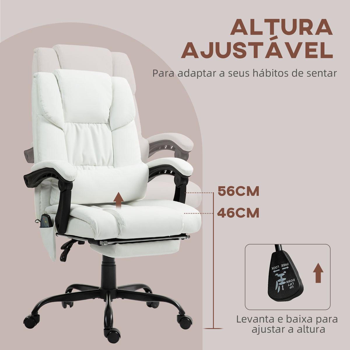 Cadeira de Escritório com Massagem de 6 Pontos Cadeira Giratória com Encosto Alto Reclinável Altura Ajustável Apoio para Pés e Controlo Remoto 66x75x112-122 cm Branco — foto 4