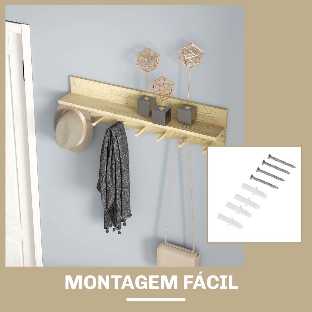 Móvel Cabide de Entrada com 7 Ganchos Prateleira de Armazenamento para Chaves Roupas Bolsas para Entrada Corredor Quarto 80x12x20 cm Natural — foto 6