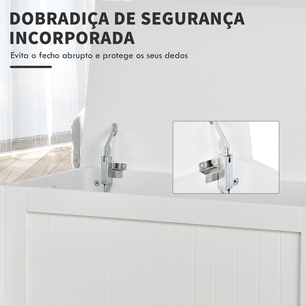 Baú de Armazenamento de Madeira Baú de Arrumação com Dobradiça de Segurança para Dormitório Sala de Estar Carga Máxima 20 kg 81x40x46 cm Branco — foto 5