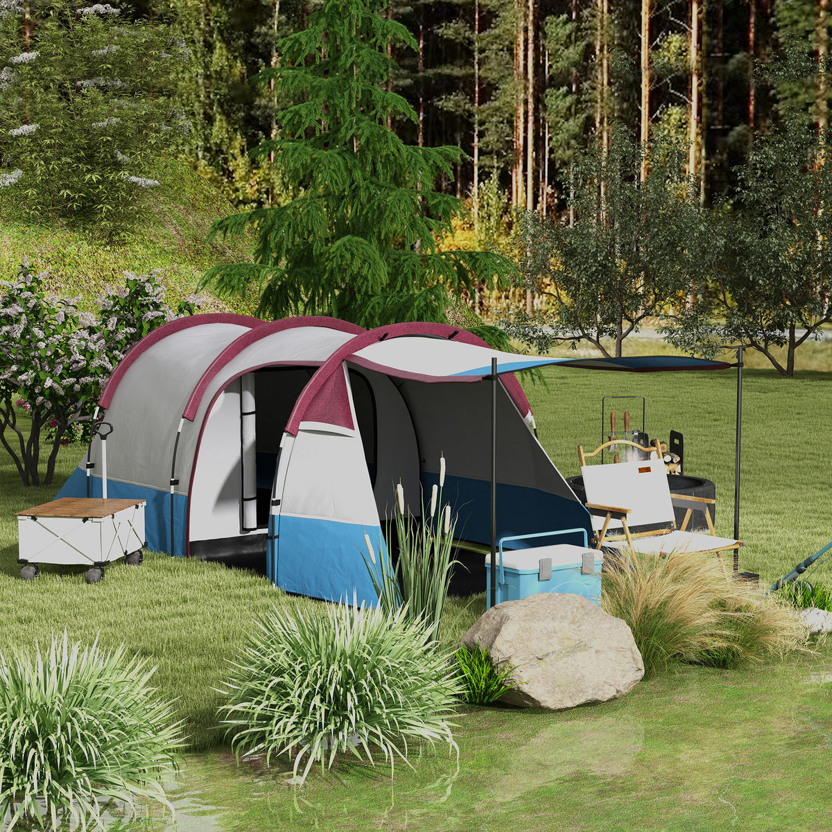 Tenda de Campismo Familiar para 3 Pessoas Tenda de Campismo Dobrável Leve com 2 Divisões Bolsa de Transporte Impermeável 2000 mm para Praia e Caminhadas 420x200x150 cm Azul Claro e Vermelho — foto 2