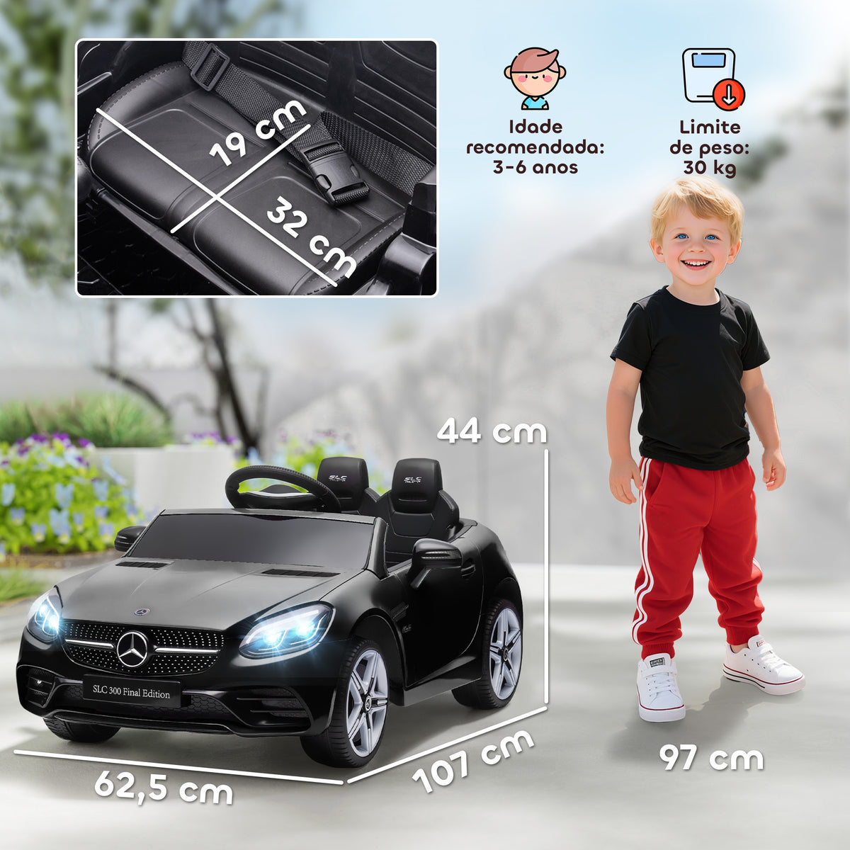 Carro Elétrico Mercedes SLC 300 12V para Crianças de 3-6 Anos com Controlo Remoto Faróis LED Buzina Música TF USB e Abertura da Porta 3-5km/h 107x62,5x44 cm Preto — foto 3