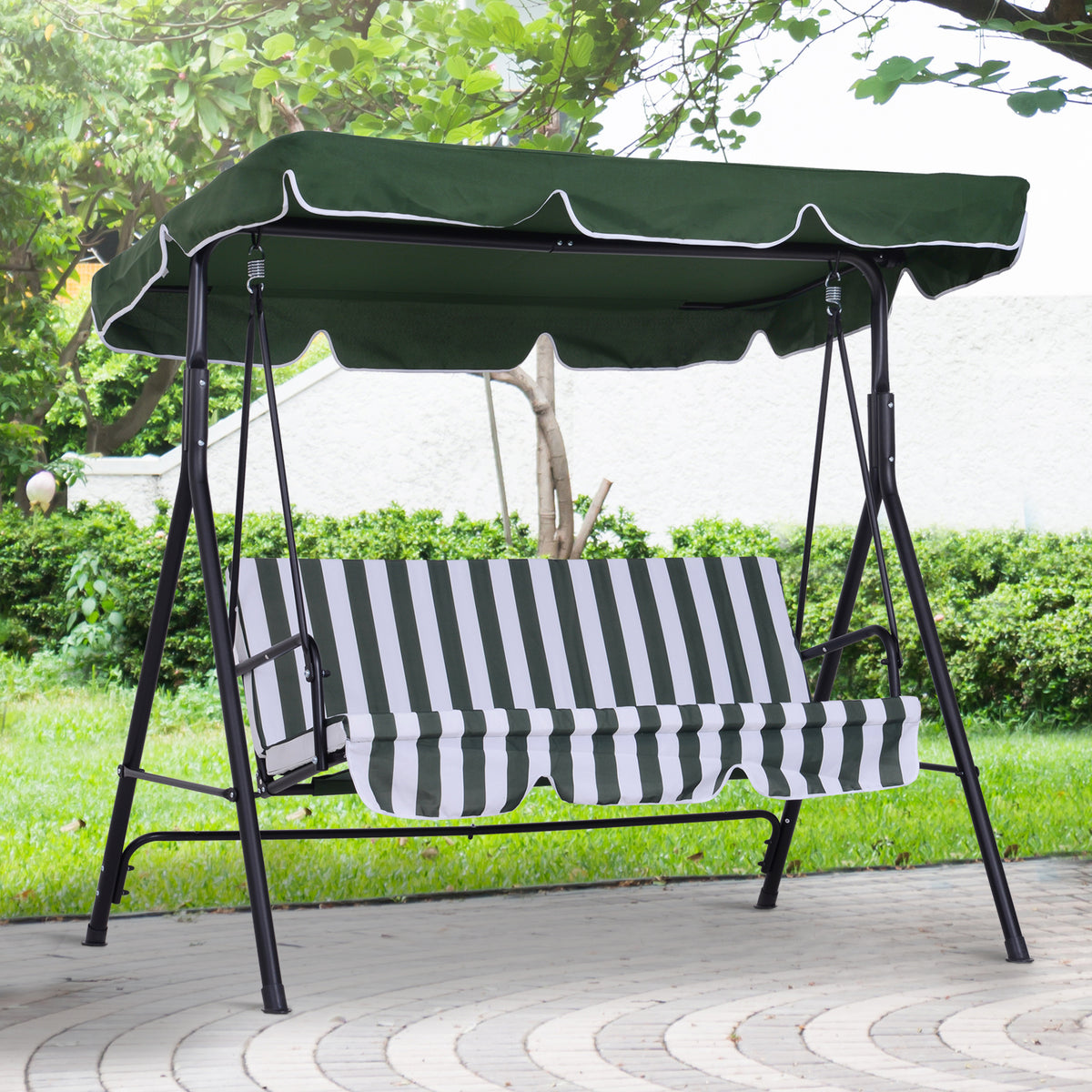 Baloiço de Jardim de 3 Lugares Baloiço com Teto Ajustável em Ângulo para Terraço Balcão Carga Máxima 200kg Aço 172x110x153cm Verde e Branco — foto 2
