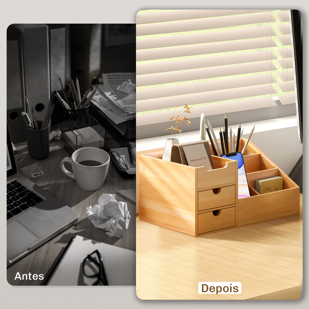 Organizador para Secretária de Bambu Organizador de Mesa de Escritório Multifuncional 33x20,5x15,5 cm Madeira — foto 4