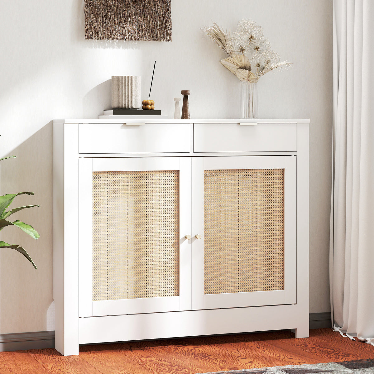 Cobertura para Radiador com Portas Rebatíveis e Vime Proteção Radiador de MDF 111x19x95,5 cm com Compartimento Desenho Boémio para Sala Quarto Branco — foto 2