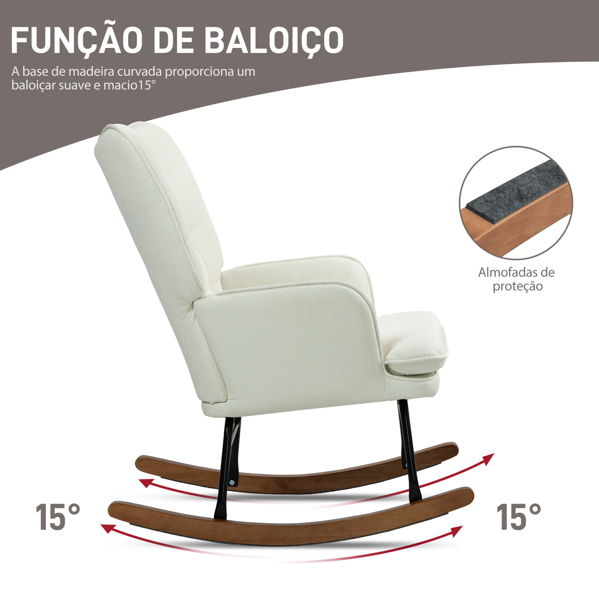 Conjunto de Poltrona Baloiço com Apoio para os Pés Poltrona Relax com Almofada Acolchoada e Anti-Tombo Carga 130 kg Sala de Estar Dormitório 64x89x90 cm Bege — foto 4