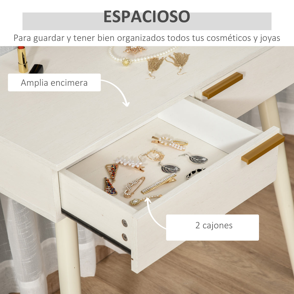 Toucador com Espelho Redondo Mesa de Maquilhagem com 2 Gavetas Estilo Moderno para Dormitório 80x40x123cm Branco — foto 4