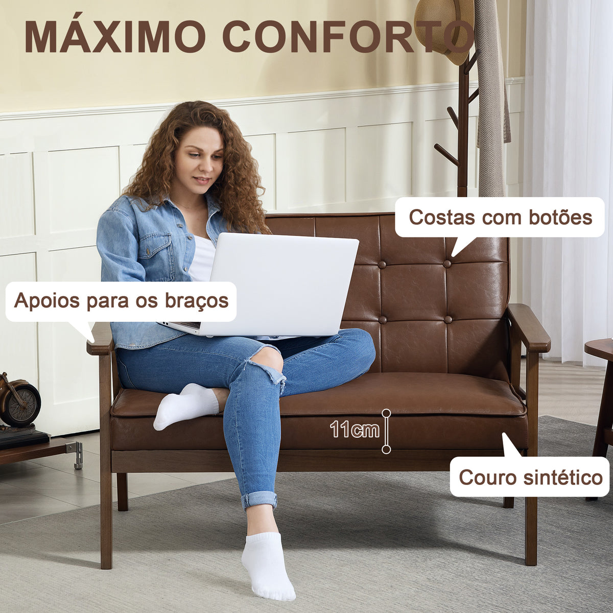 Sofá de 2 Lugares Sofá de 2 Lugares Estofado em Couro PU com Apoio para os Braços de Madeira Encosto Acolchoado Carga 250 kg para Sala de Estar Dormitório 115x70x81 cm Marrom — foto 4