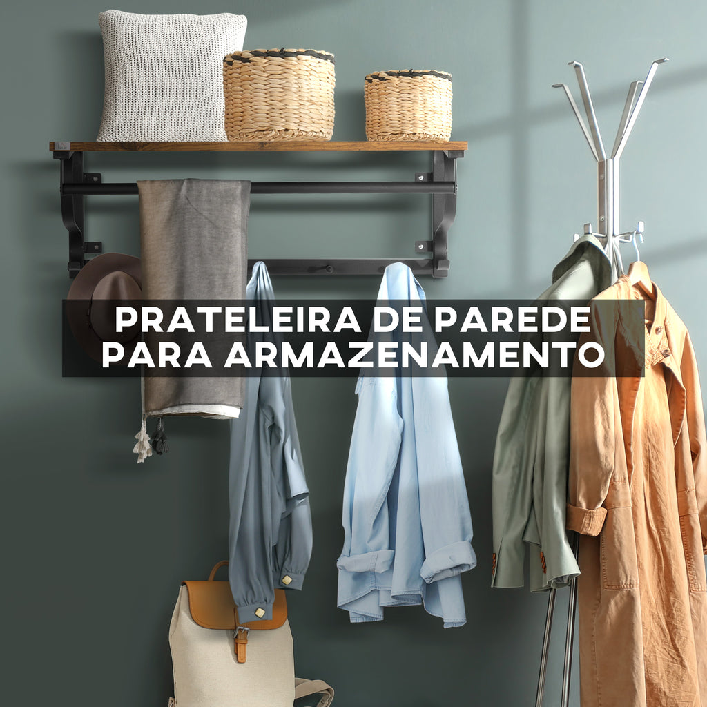 Móvel Cabide de Entrada com 5 Ganchos 1 Barra de Aço Cabide de Parede de Entrada Estilo Industrial 66x30x27cm Preto e Marrom — foto 4