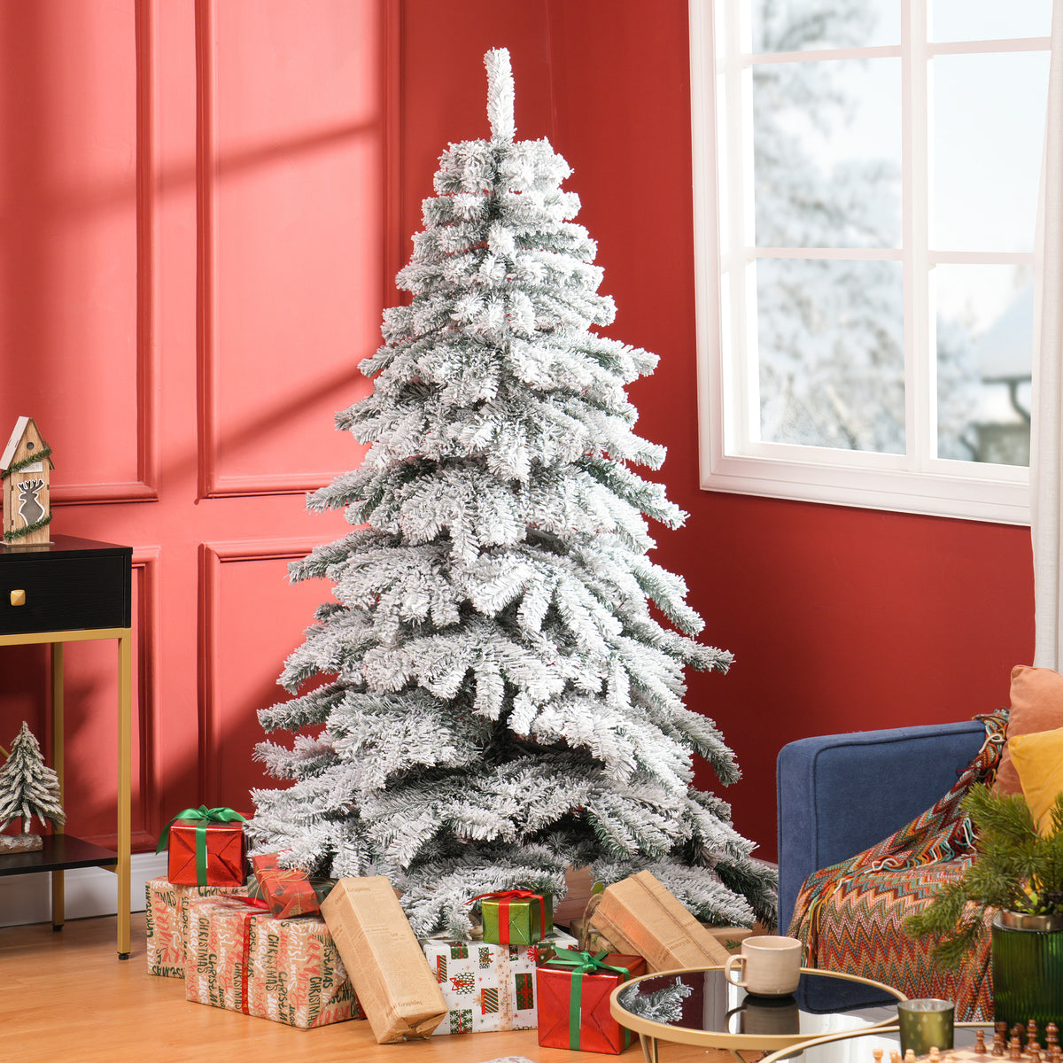 Árvore de Natal Ø116x180 cm Neve Artificial com 627 Pontas de PVC Base Dobrável e Suporte de Metal Decoração de Natal para Interiores Verde e Branco — foto 2