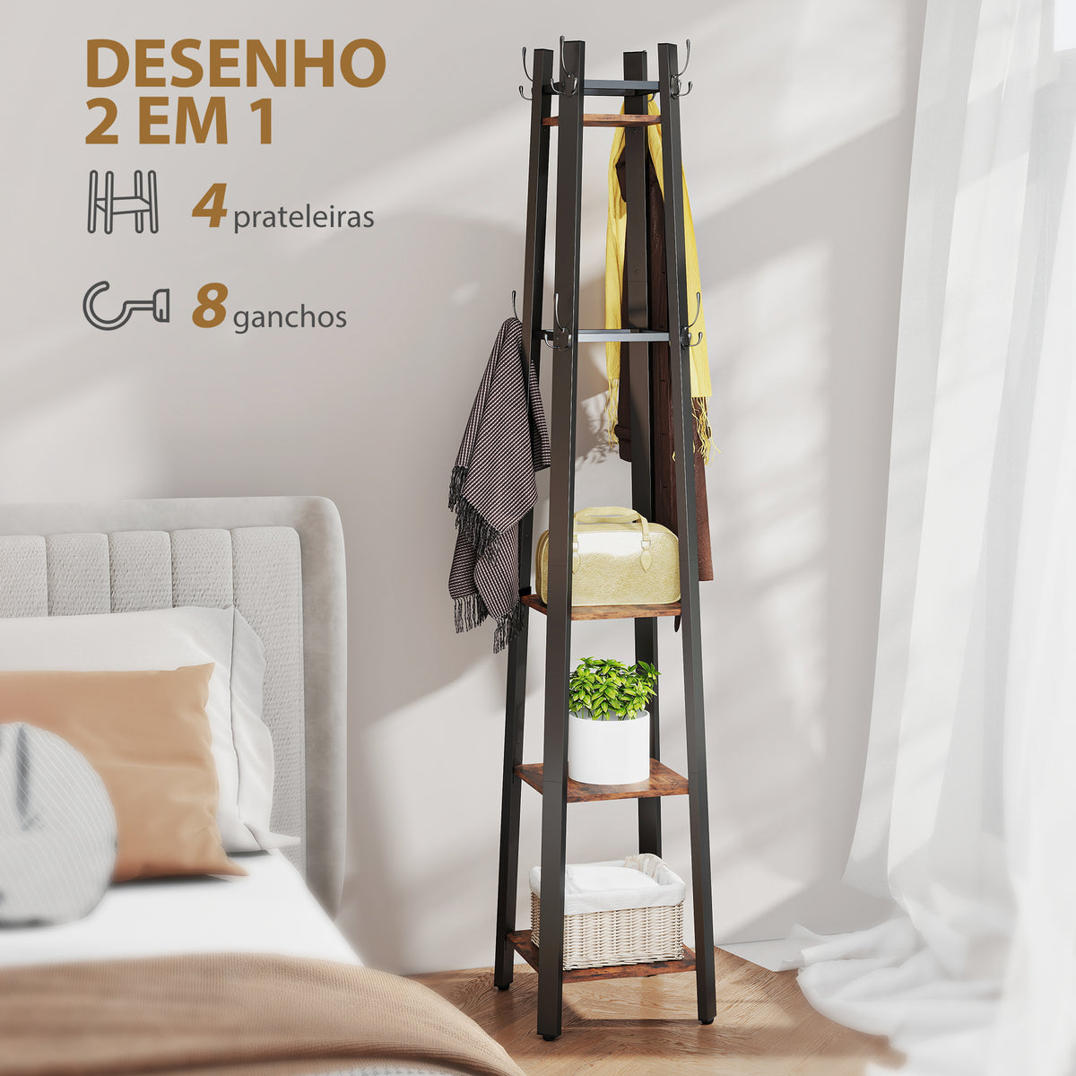 Cabideiro de Pé com 4 Níveis, 4 Prateleiras 8 Ganchos Estrutura Metálica para Entrada Sala de Estar Quarto Marrom Rústico — foto 4