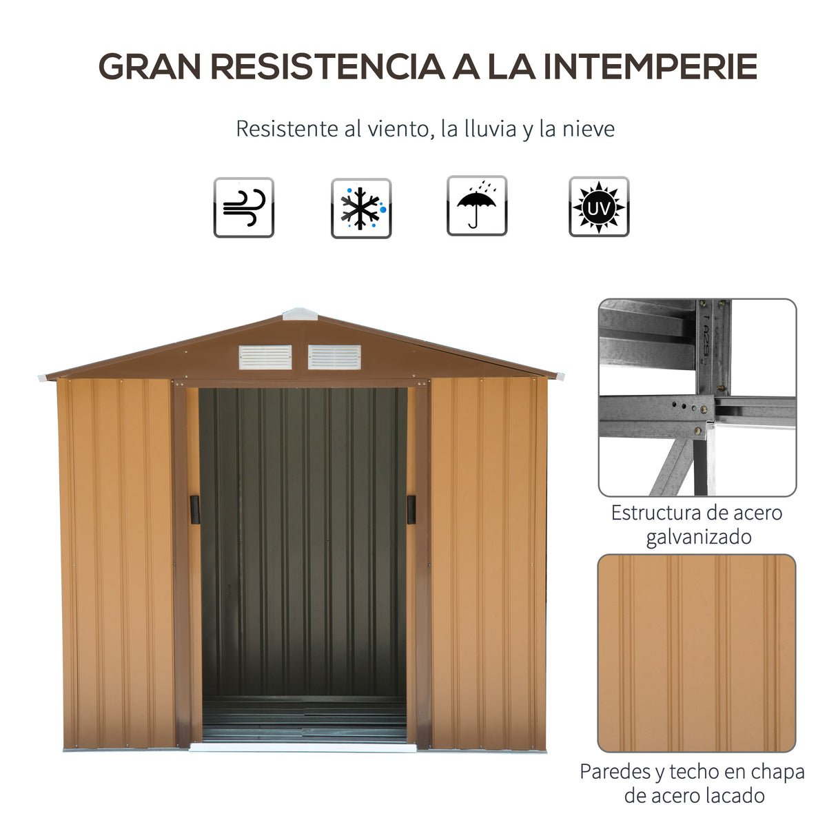 Abrigo de Jardim 213x130x185cm Abrigo de Jardim Metálico de Exterior para Armazenamento de Ferramentas com 2 Portas Deslizantes e 4 Janelas para Terraço Marrom Claro — foto 4