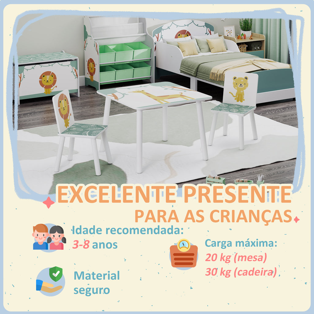 Mesa e Cadeiras para Crianças de 3 Peças Mesa Infantil com 2 Cadeiras em Madeira Conjunto de Móveis com Desenhos de Leões para Crianças Acima de 3 Anos para Quarto Sala de Jogos Verde — foto 7