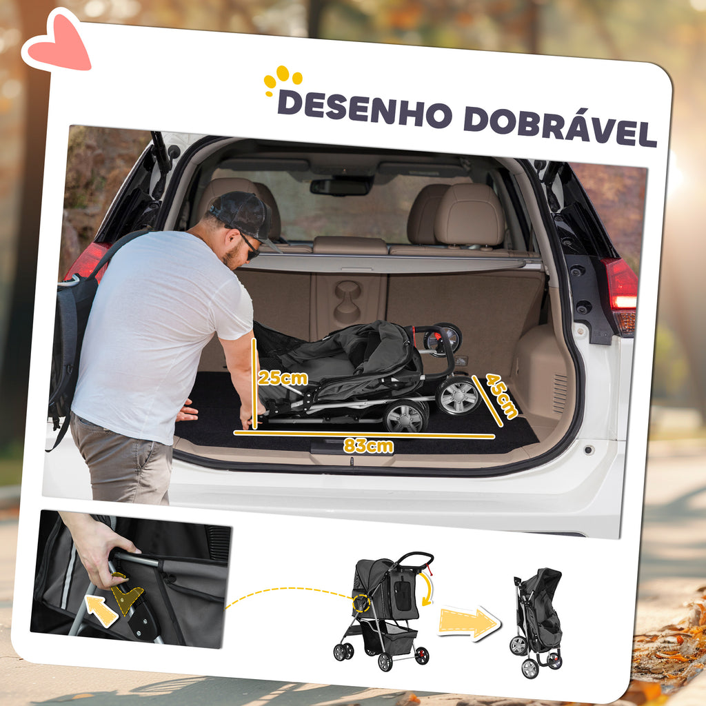 Carrinho para Cães Plegável, Coche para Cães Pequenos com Cesto de Armazenamento, Janelas de Rede, Suportes para Copos, Rodas EVA, Almofada Lavável, Travões, Carga 10 kg, 75x45x97 cm, Cinzento Escuro — foto 5