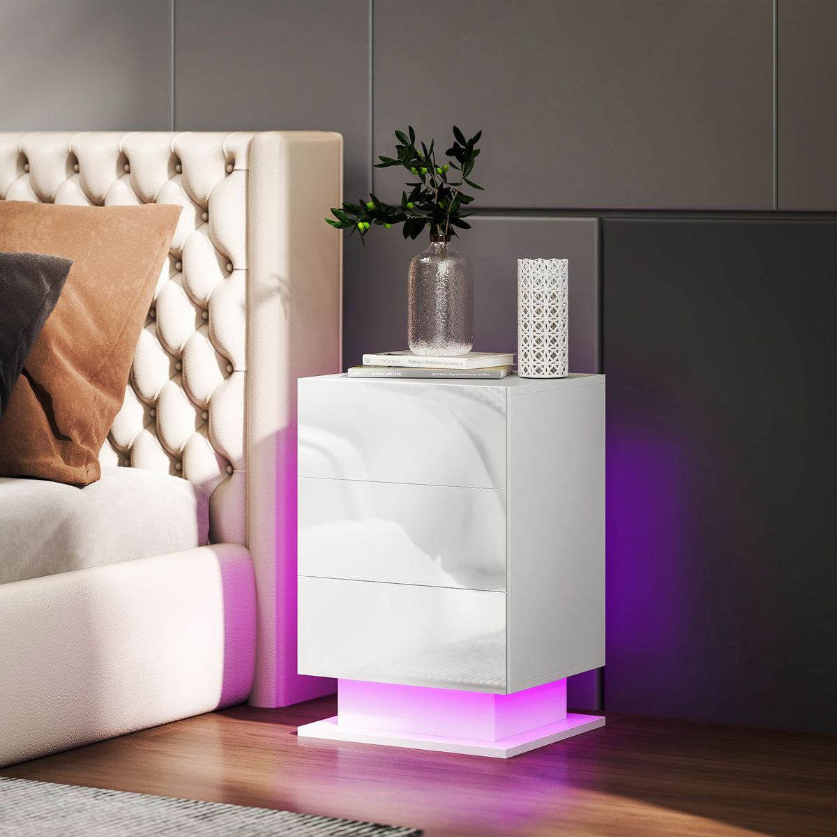 Mesa de Cabeceira com Faixa de Luz LED Multicolor Variável Mesa Auxiliar com 3 Gavetas Estilo Moderno Mesa Lateral para Dormitório Sala de Estar 40x35x60 cm Branco Brilhante — foto 7