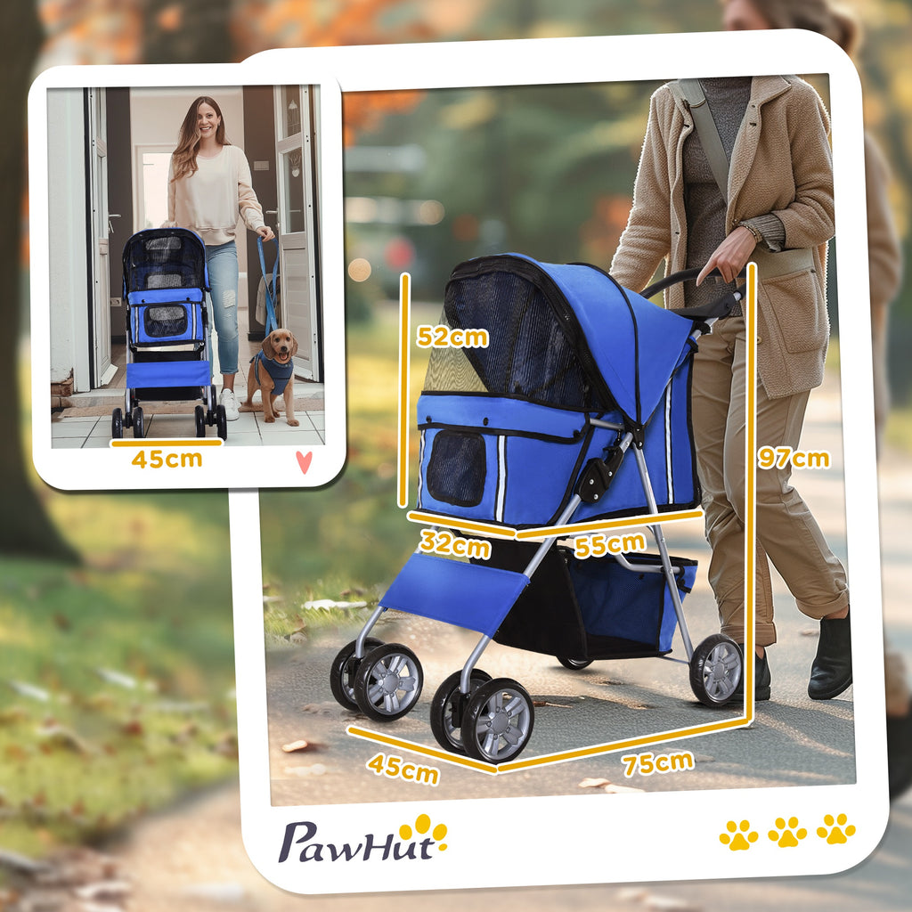 Carrinho para Cães Dobrável, Coche para Cães Pequenos com Cesta de Armazenamento, Janelas de Rede, Suporte para Copos, Rodas EVA, Almofada Lavável, Travões, Carga 10 kg, 75x45x97 cm, Azul — foto 3