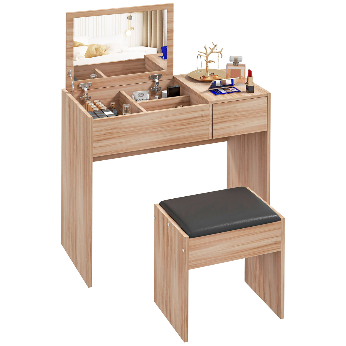 Toucador de Maquilhagem com Branco e Tampa Dobrável Mesa de Maquilhagem com Compartimentos e Gaveta 80x40x79cm Madeira — foto 1