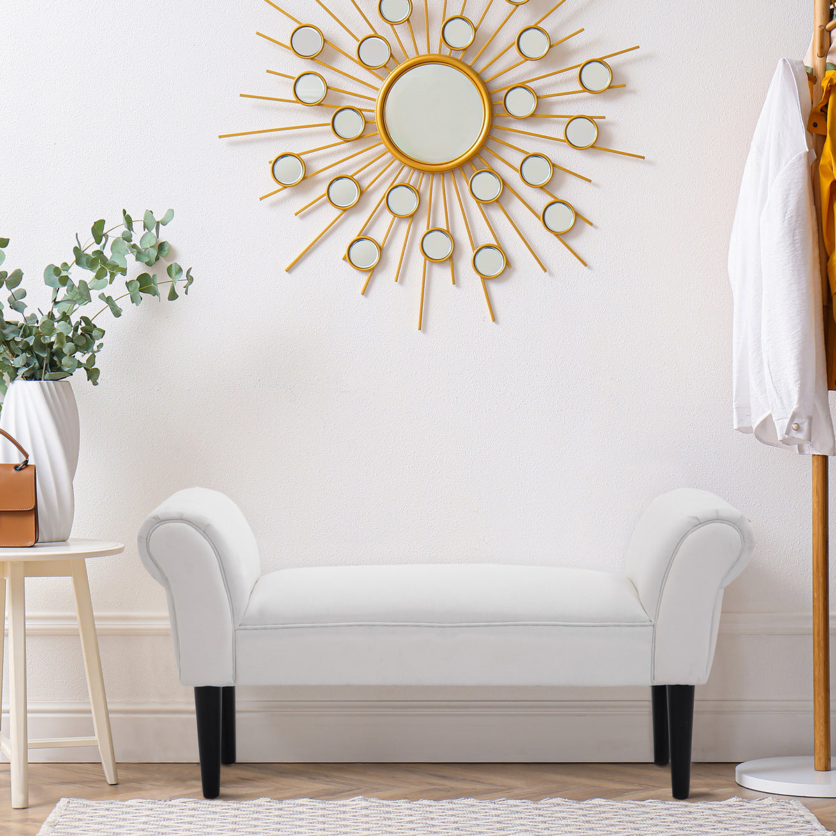 Banco de Pé de Cama Banco com Braços Curvados Estofado e Pés de Madeira para Dormitório Entrada Sala de Estar Carga Máxima 130kg 102x31x51cm Branco — foto 5
