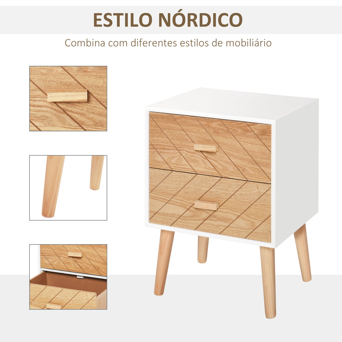 Mesa de Cabeceira com 2 Gavetas Mesa de Cabeceira com Espaço de Armazenamento para Dormitório 40x30x55,5 cm Branco e Madeira — foto 4