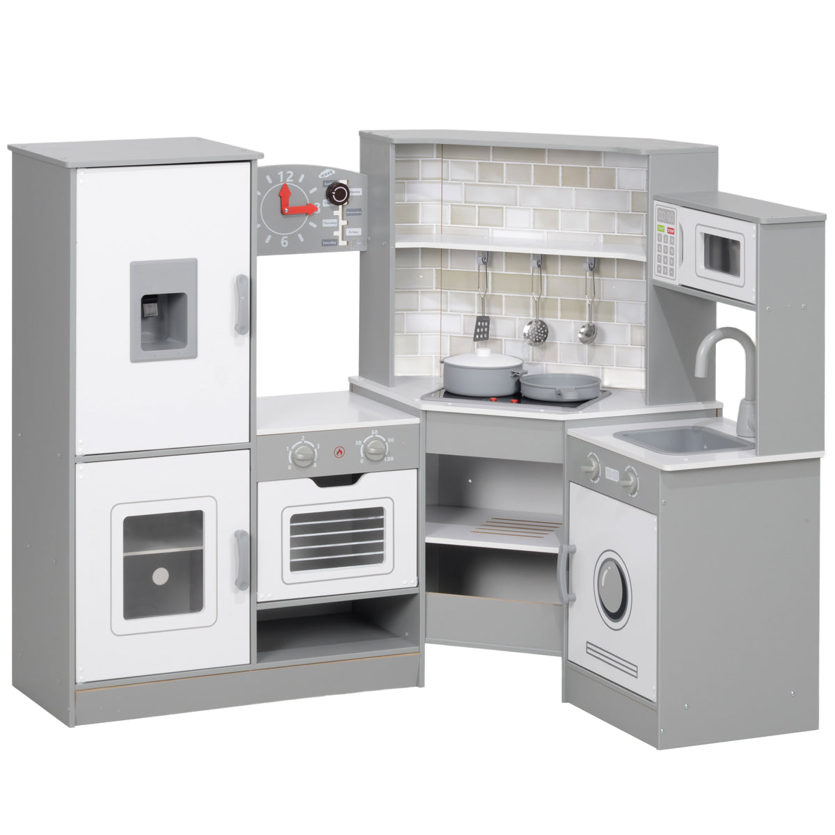Cozinha de Madeira para Crianças acima de 3 Anos Cozinha de Brincar Infantil com Sons Fogão Forno Lavatório Micro-Ondas Máquina de Gelo e Acessórios 110x80x91 cm Cinza — foto 1