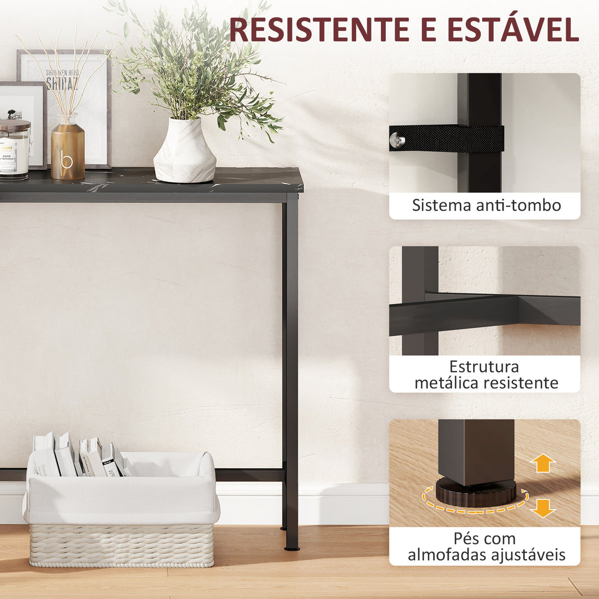 Mesa Consola Moderna Consola de Entrada Estreita Mesa de Sofá com Superfície com Efeito Mármore e Estrutura de Metal para Entrada Sala de Estar 100x20x66 cm Preto — foto 5