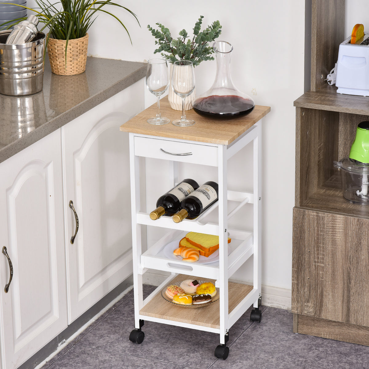 Carrinho de cozinha Carrinho de serviço de 4 níveis com rodas giratórias Gaveta Prateleiras Garrafeira Armazenamento De Cozinha Sala de estar Sala de jantar 37x37x76 cm Branco — foto 2