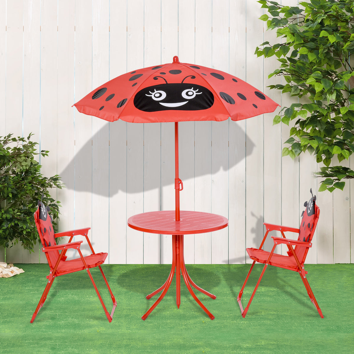 Conjunto de Mesa e Cadeira de Jardim Conjunto de Picnic Dobrável para Crianças Conjunto de Mesa com Chapéu de Sol com Altura Ajustável 100-125cm Desenho de Joaninha Vermelho — foto 2