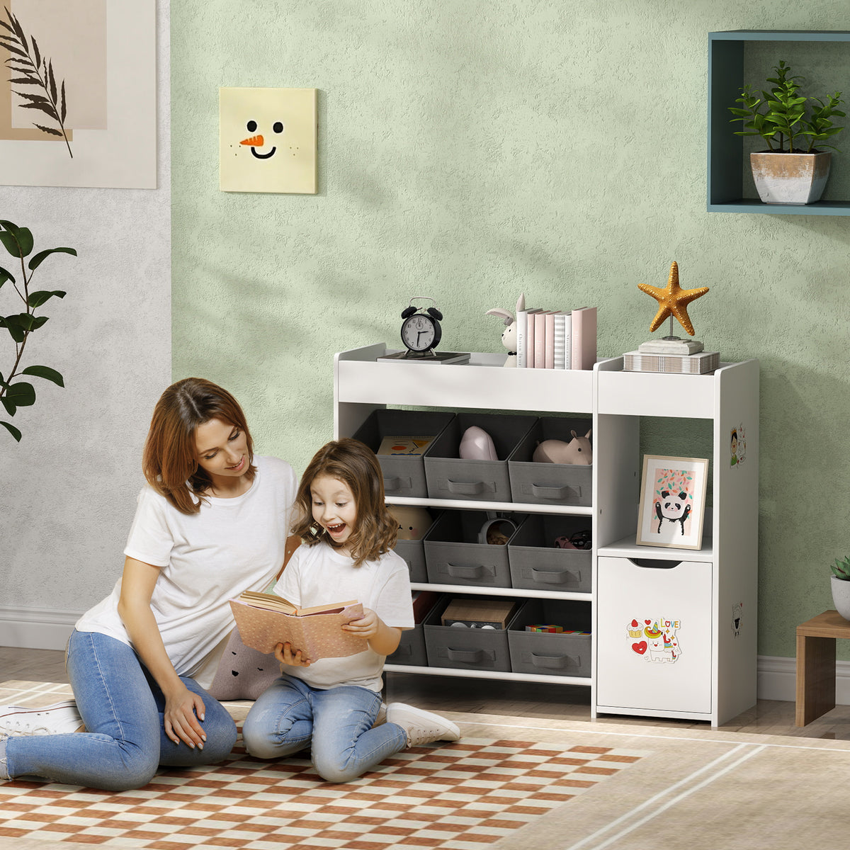 Organizador de Brinquedos para Crianças Organizador Infantil com 9 Cestos Amovíveis Compartimentos e Autocolantes para Escola Infantil Sala de Jogos 92x30x80 cm Branco e Cinza — foto 2
