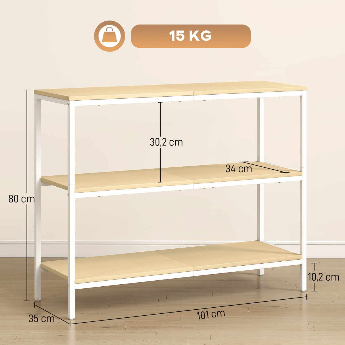 Mesa Consola Estreita Consola de Entrada Mesa de Entrada Moderna com 3 Prateleiras Abertas e Pés de Metal para Corredor Entrada Sala Dormitório 101x35x80 cm Madeira e Branco — foto 3