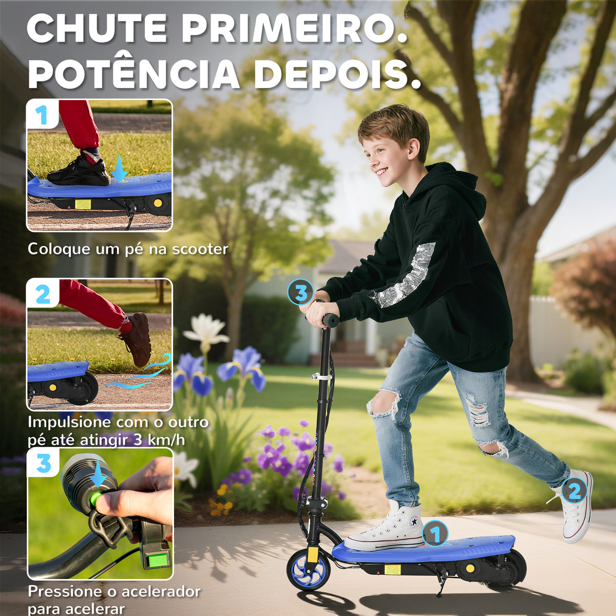 Trotinete Elétrica para Crianças de 7-14 Anos Dobrável Trotinete Elétrica Velocidade Máx. 12 km/h Motor 120 W Autonomia Máxima 10 km com Guiador Ajustável em Altura Farol LED e Travão 75x48x93-105 cm Azul — foto 4