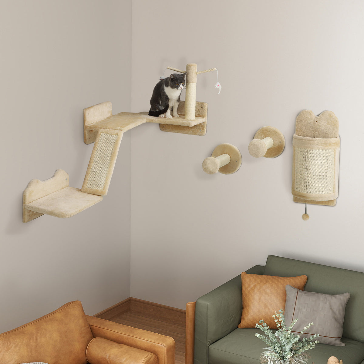 Prateiras de Parede para Gatos de 4 Peças Arranhador de Parede para Gatos com Postes de Sisal Plataforma de Salto e Bola de Brinquedo Bege — foto 2