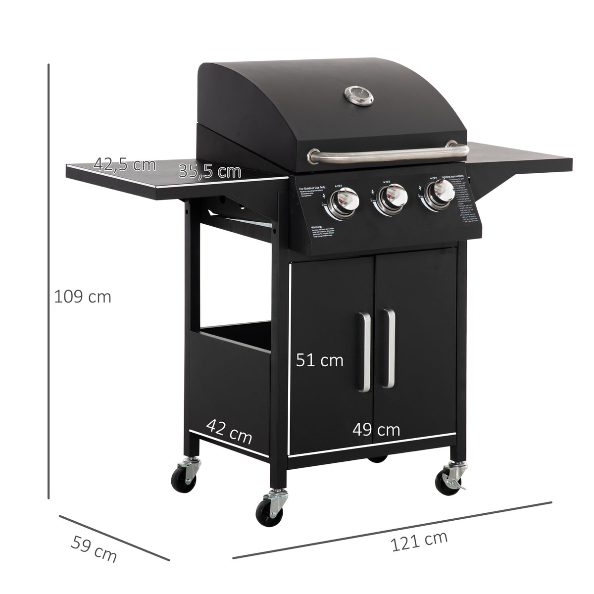 Barbecue a Gás com 3 Queimadores Termómetro Barbecue a Gás com 2 Prateleiras Laterais Armário de 2 Portas 4 Rodas e Travão Aço de Carbono 121x55x109 cm Preto — foto 3