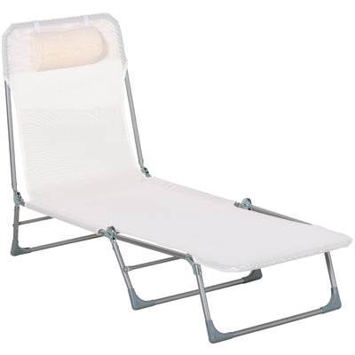 Foldable Reclining Garden Lounger with Headrest and 5-Level Adjustable Backrest Breathable Textilene Fabric 182x56x24.5 cm Cream White