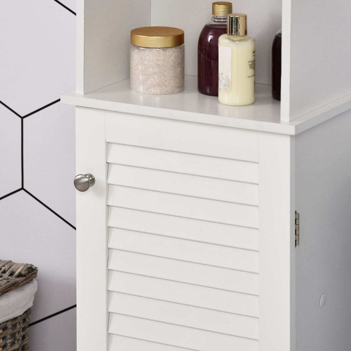 Coluna Casa de Banho com 1 Porta 3 Prateleiras Abertas e Prateleira Interior Ajustável Móvel Auxiliar de Armazenamento para Sala de Estar Dormitório 34x20x165cm Branco — foto 9