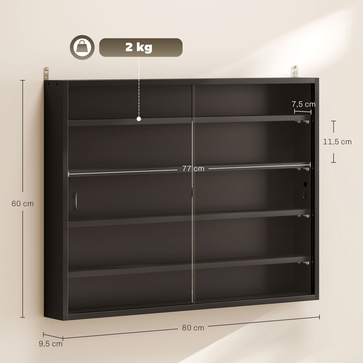 Vitrine de Parede de Madeira com Prateleiras Ajustáveis e 2 Portas Corredeiras de Vidro para Coleções Perfumes Bonecos de Decoração 80x9,5x60cm Preto - Modelo 1 — foto 3