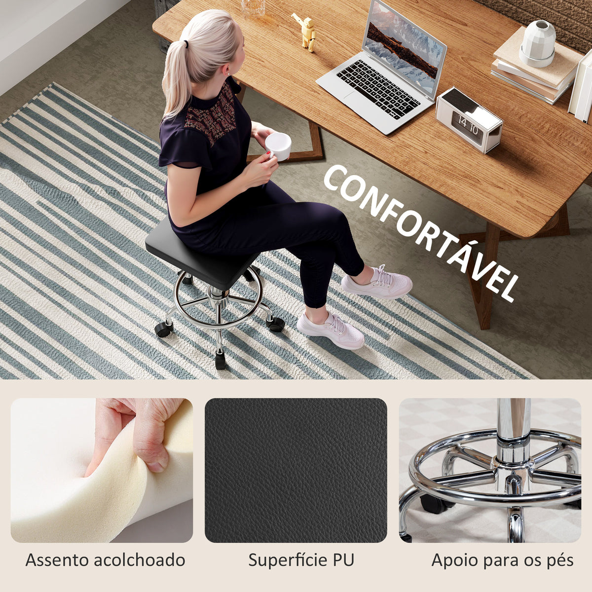 Banco Giratório Banco com Rodas Altura Regulável 50-66 cm Assento Estofado em Imitação de Couro Descanso para os Pés para Salões e Oficinas 34x34x50-66 cm Preto — foto 5