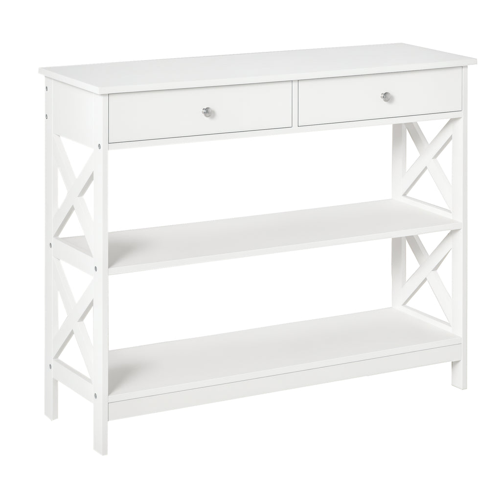 Mesa de console para Corredor com 2 gavetas e 2 prateleiras inferiores Móveis modernos Base elevada anti-inclinação 100x30.5x80 cm Branco — foto 1