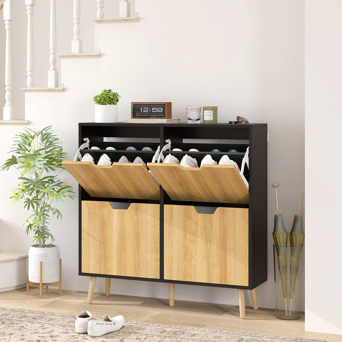 Sapateira com 4 Gavetas e Prateleiras Ajustáveis Móvel para Sapatos de Corredor para 16 Pares de Sapatos 95x26x95 cm Madeira e Preto — foto 2