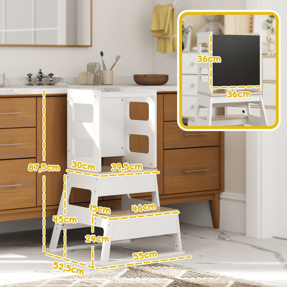 Torre de Aprendizagem 2 em 1 Torre de Aprendizagem para Crianças acima de 3 Anos com Ardósia e Barreira de Segurança para Casa de Banho Cozinha 55x52,5x87,5 cm Branco — foto 3